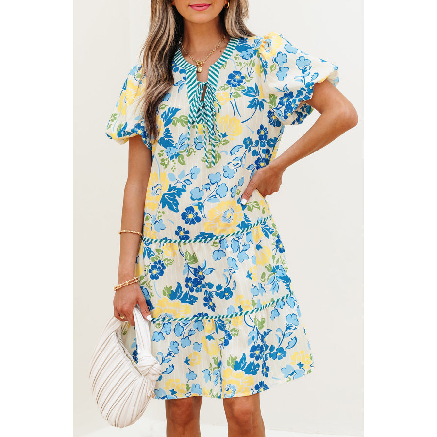 Blue Floral Striped Trim Puff Short Sleeve Dress Dresses/Floral Dresses