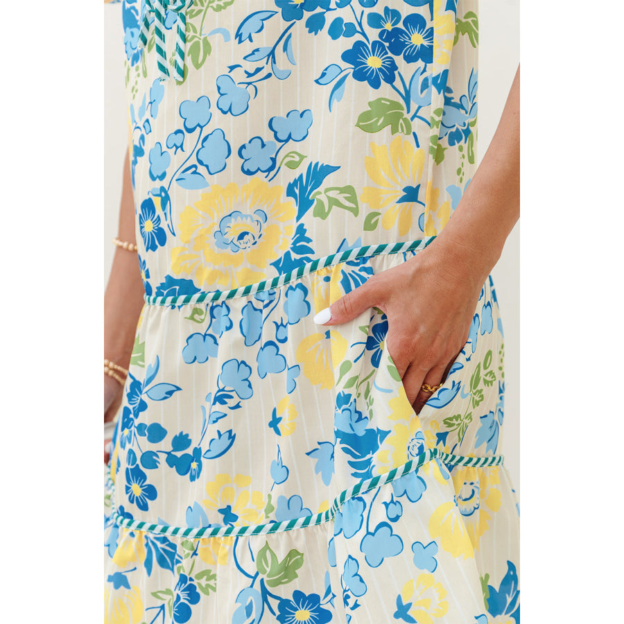 Blue Floral Striped Trim Puff Short Sleeve Dress Dresses/Floral Dresses