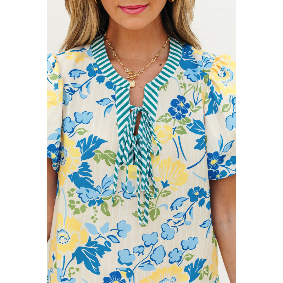 Blue Floral Striped Trim Puff Short Sleeve Dress Dresses/Floral Dresses