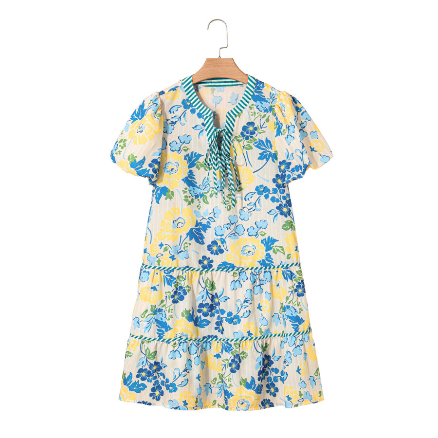 Blue Floral Striped Trim Puff Short Sleeve Dress Dresses/Floral Dresses