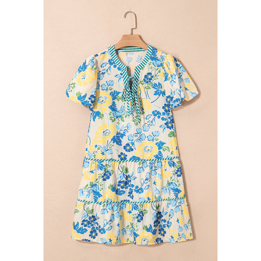 Blue Floral Striped Trim Puff Short Sleeve Dress Dresses/Floral Dresses
