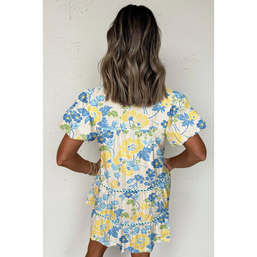 Blue Floral Striped Trim Puff Short Sleeve Dress Dresses/Floral Dresses