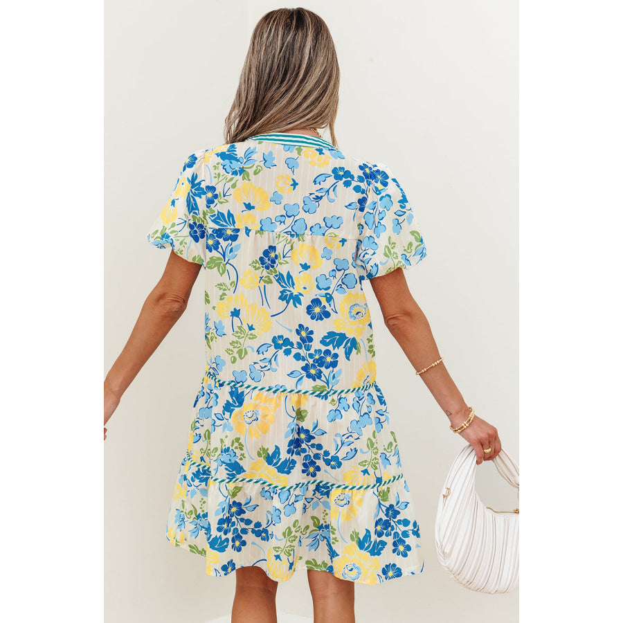 Blue Floral Striped Trim Puff Short Sleeve Dress Dresses/Floral Dresses