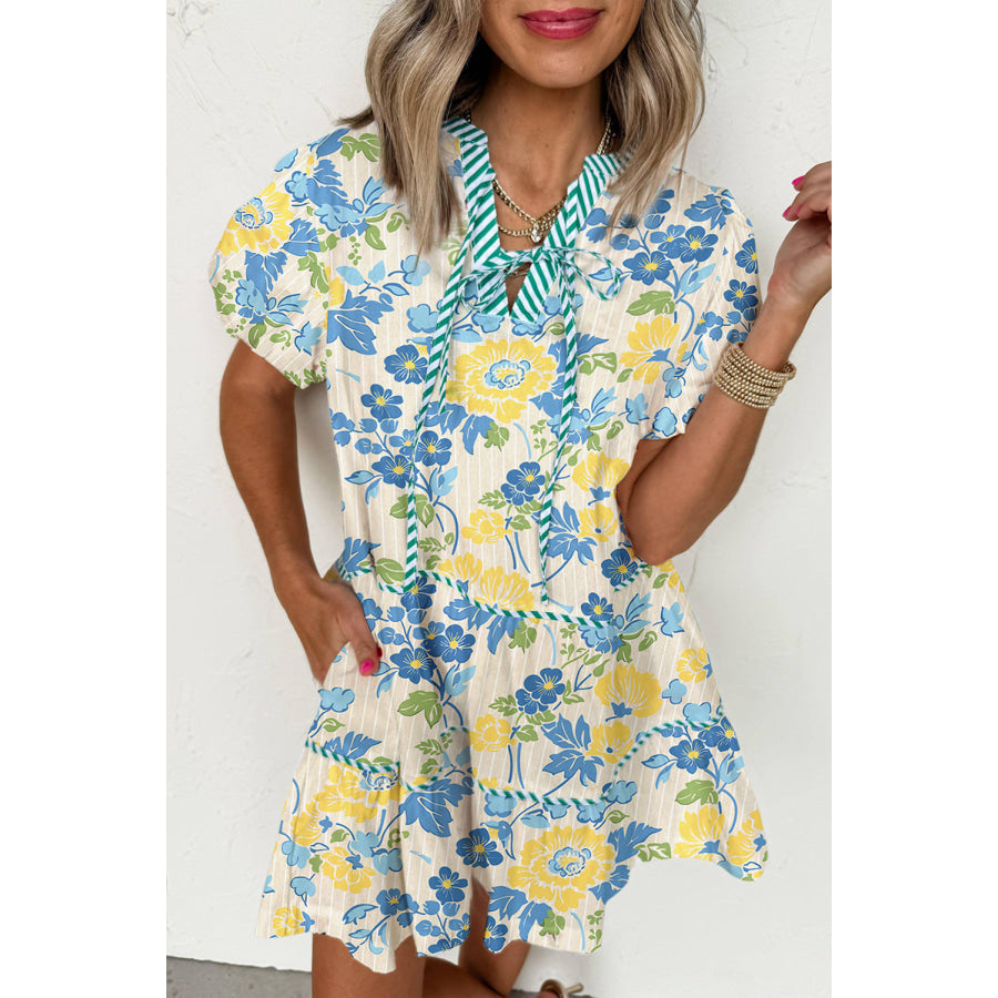 Blue Floral Striped Trim Puff Short Sleeve Dress Blue / S / 100% Polyester Dresses/Floral Dresses