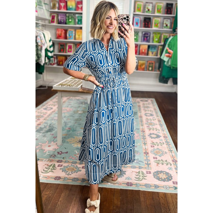 Blue Geometric Print Short Sleeve Drawstring Shirt Collar Dress Dresses/Maxi Dresses