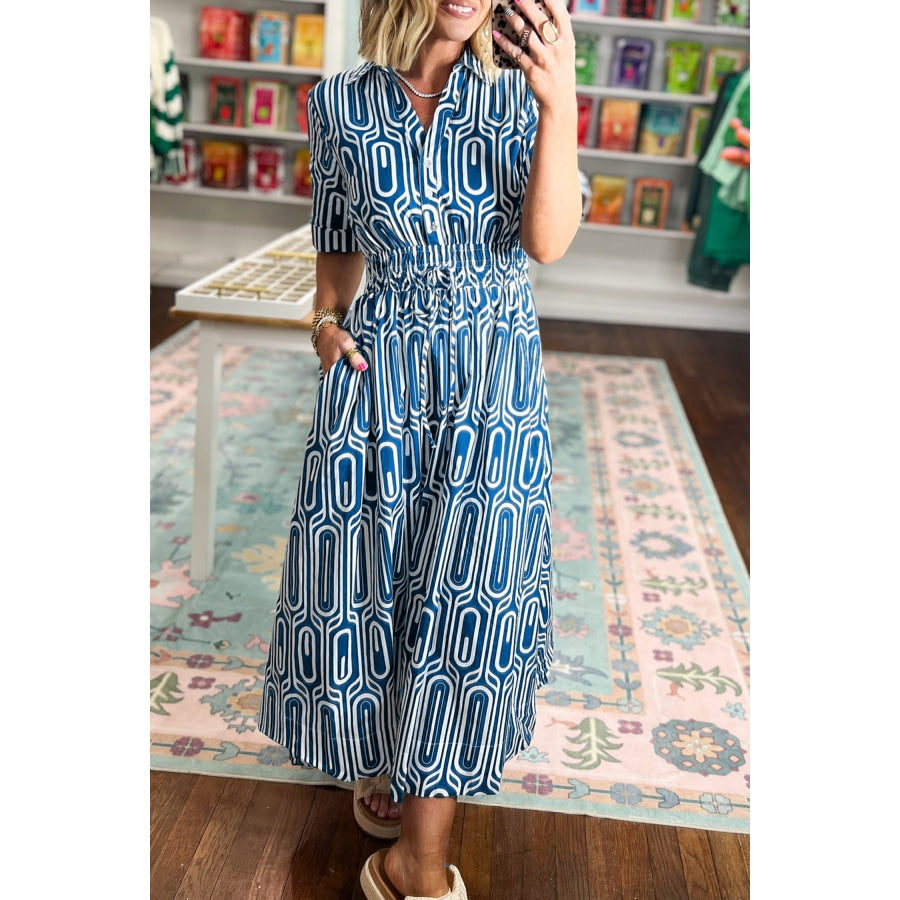 Blue Geometric Print Short Sleeve Drawstring Shirt Collar Dress Dresses/Maxi Dresses