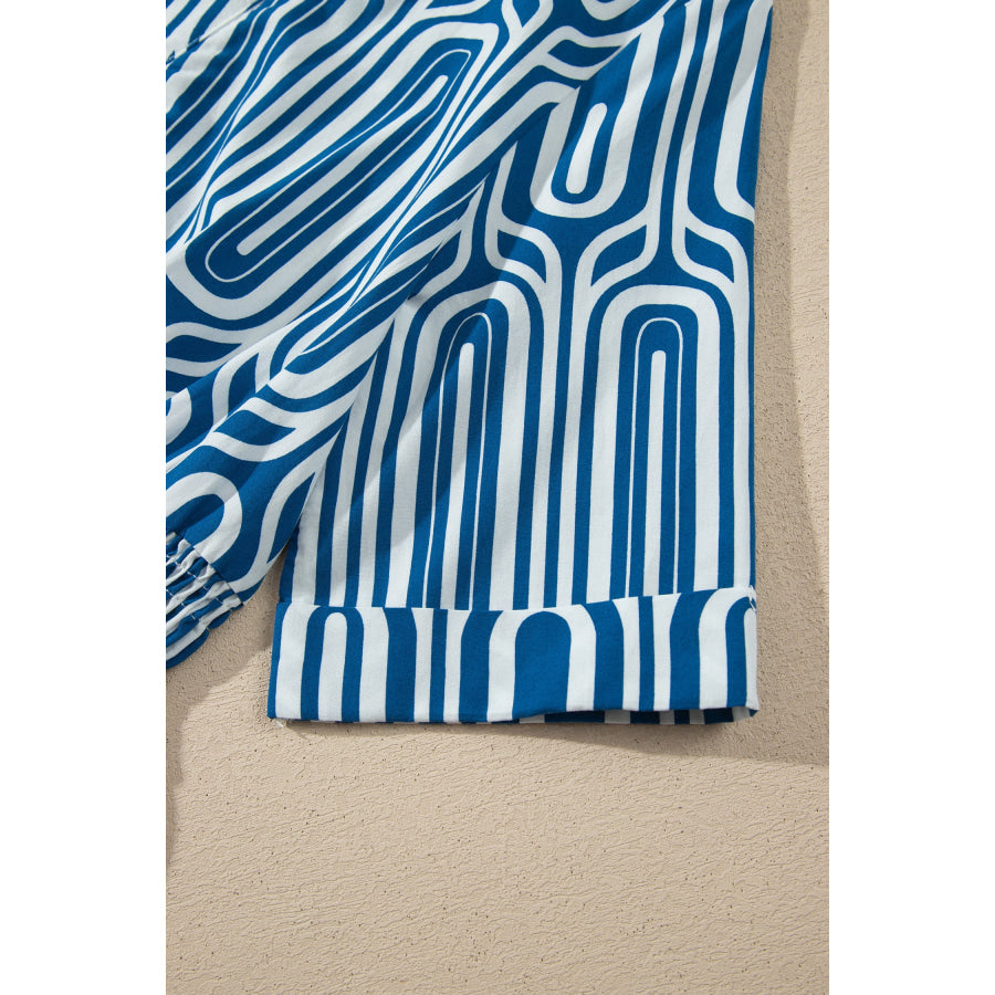Blue Geometric Print Short Sleeve Drawstring Shirt Collar Dress Dresses/Maxi Dresses