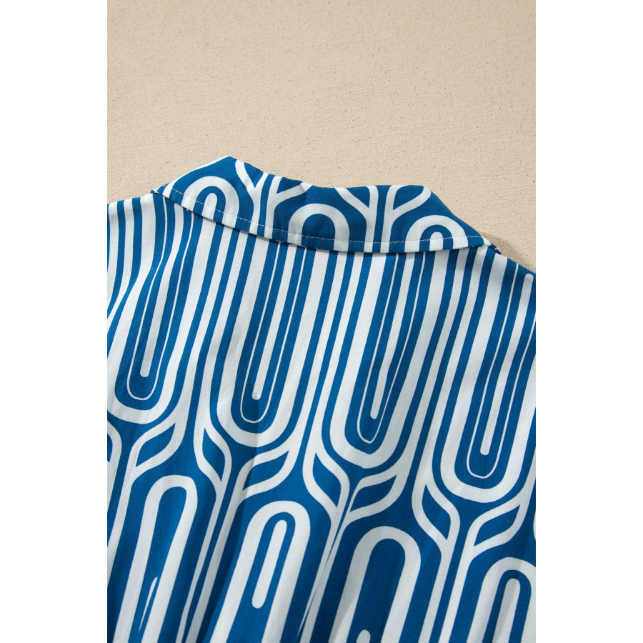 Blue Geometric Print Short Sleeve Drawstring Shirt Collar Dress Dresses/Maxi Dresses