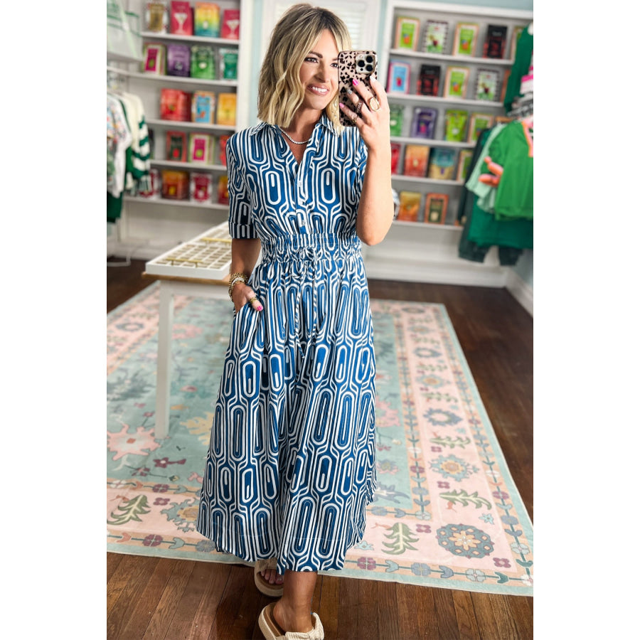 Blue Geometric Print Short Sleeve Drawstring Shirt Collar Dress Dresses/Maxi Dresses