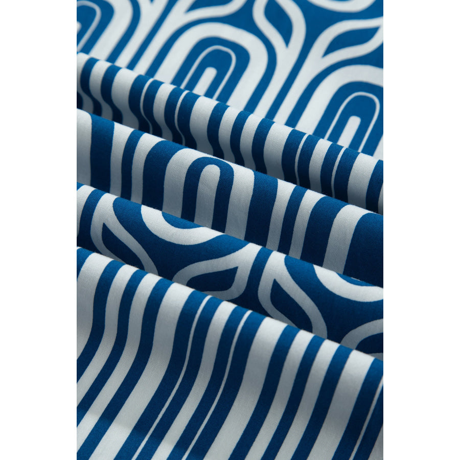 Blue Geometric Print Short Sleeve Drawstring Shirt Collar Dress Dresses/Maxi Dresses