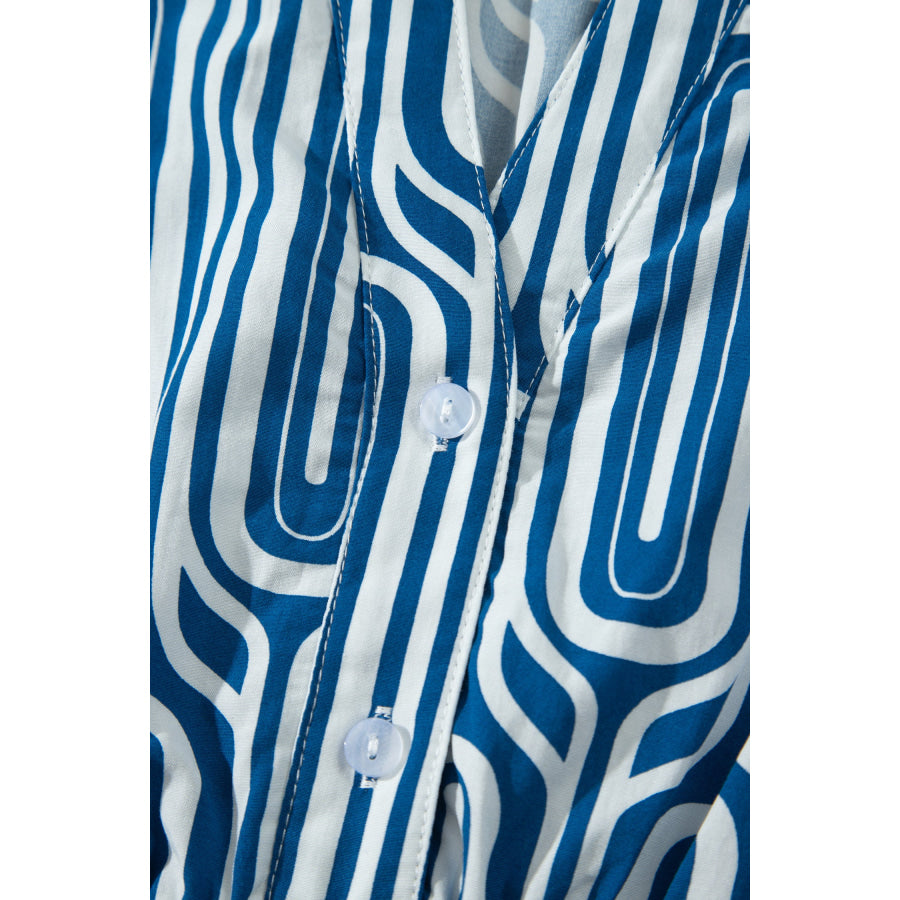Blue Geometric Print Short Sleeve Drawstring Shirt Collar Dress Dresses/Maxi Dresses