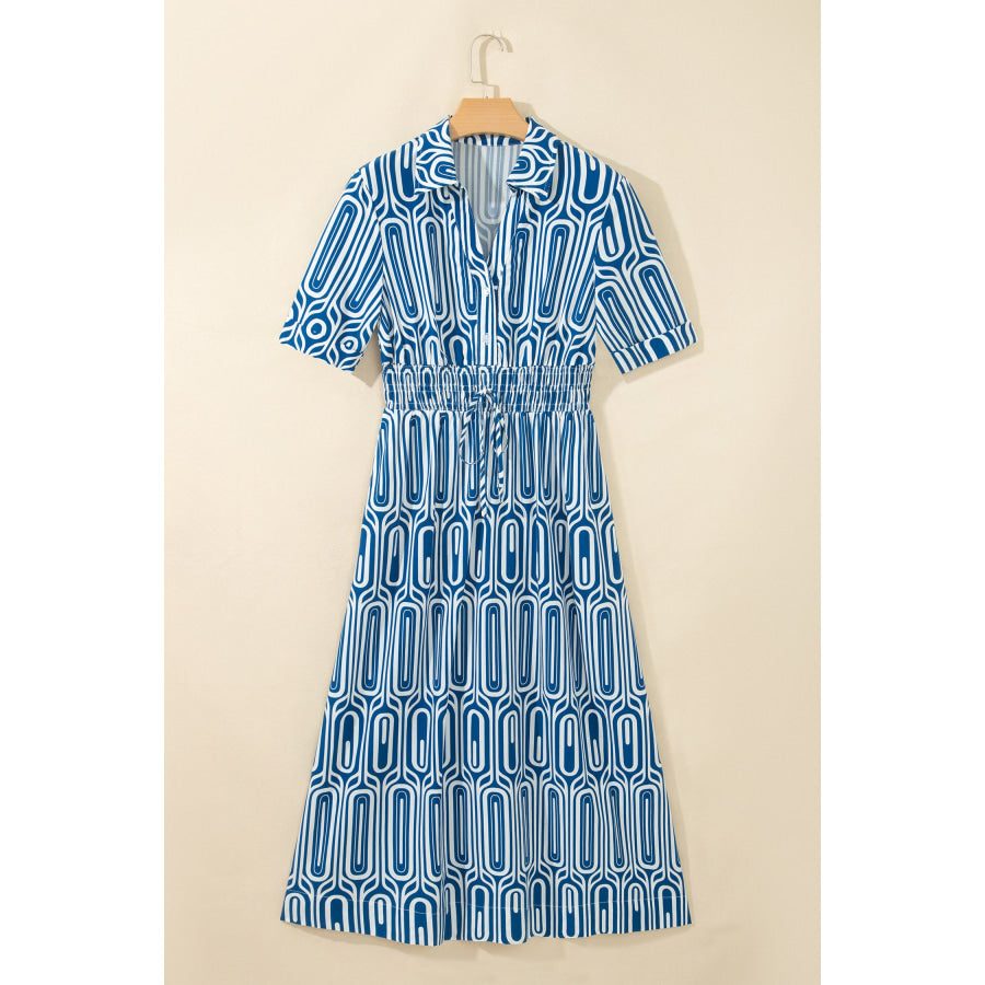 Blue Geometric Print Short Sleeve Drawstring Shirt Collar Dress Dresses/Maxi Dresses