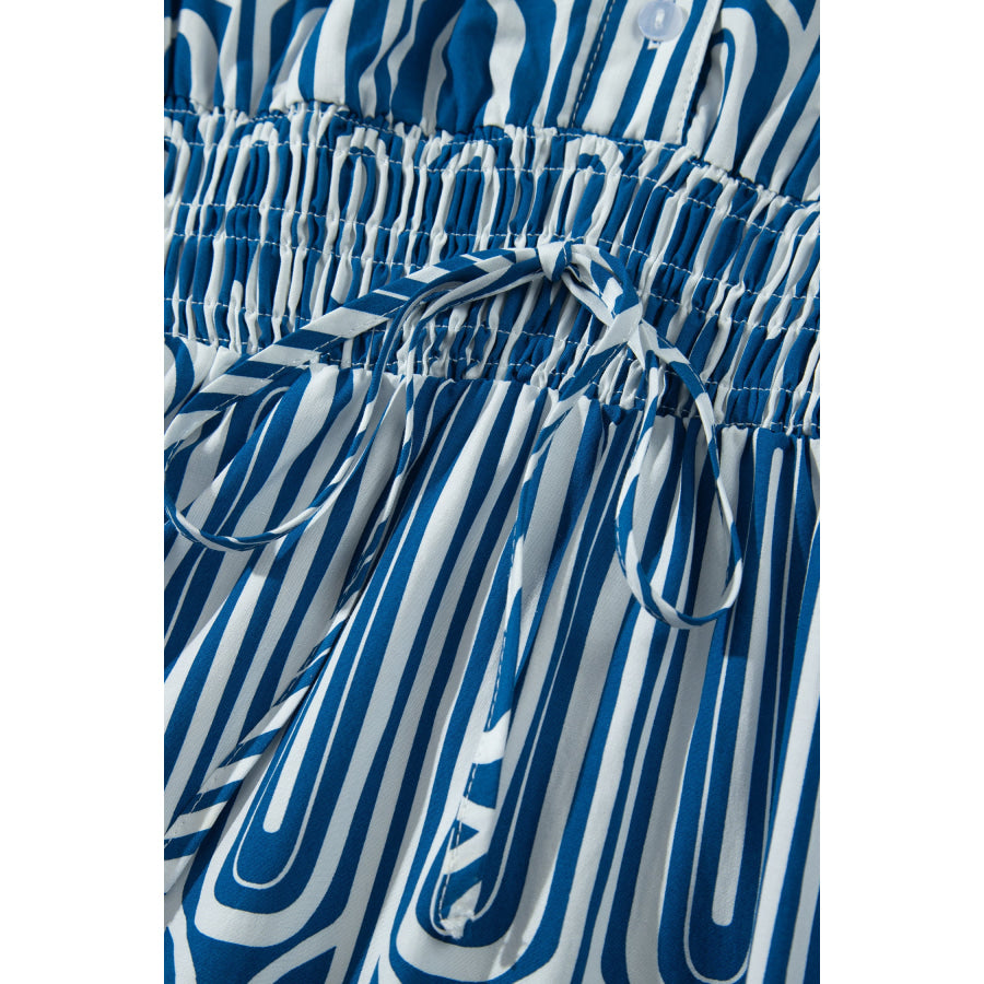 Blue Geometric Print Short Sleeve Drawstring Shirt Collar Dress Dresses/Maxi Dresses