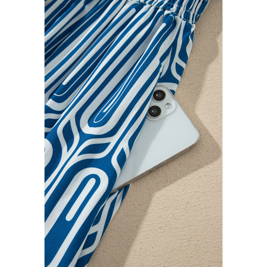 Blue Geometric Print Short Sleeve Drawstring Shirt Collar Dress Dresses/Maxi Dresses