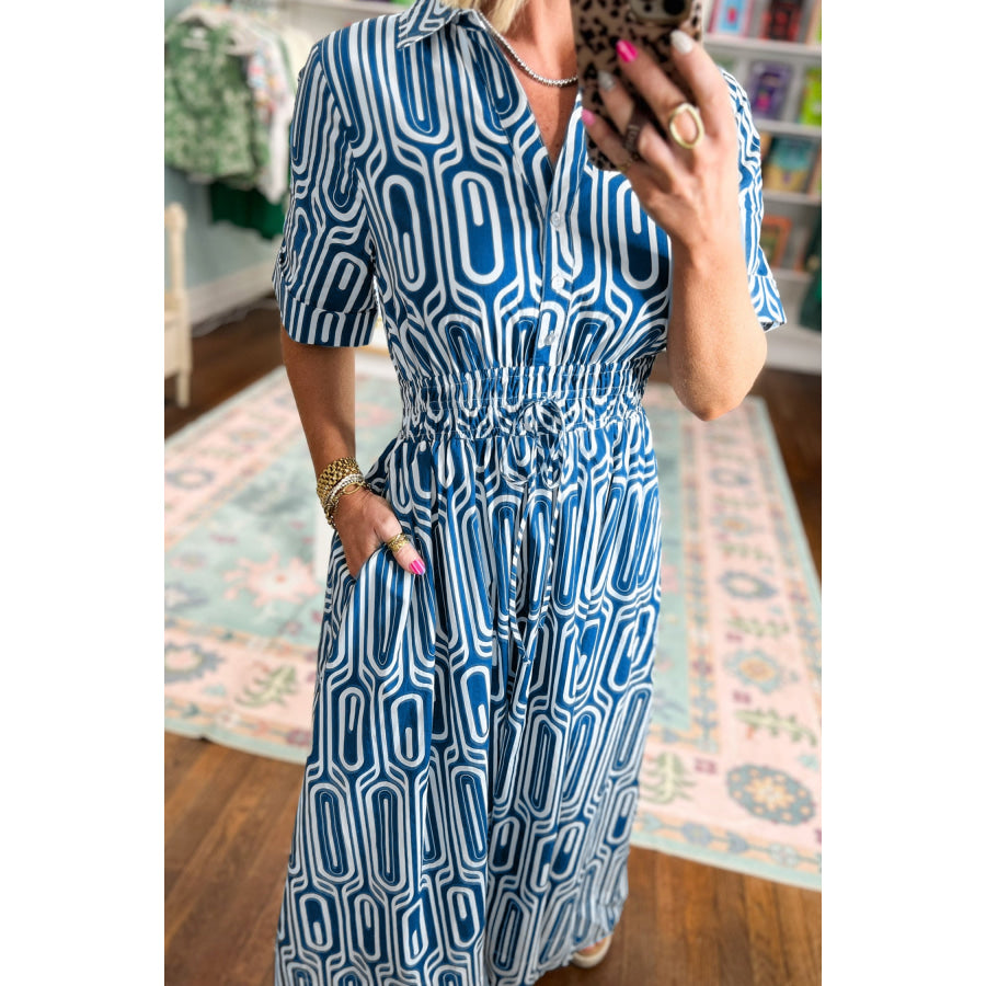 Blue Geometric Print Short Sleeve Drawstring Shirt Collar Dress Dresses/Maxi Dresses