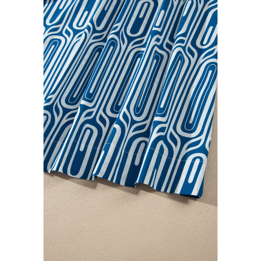 Blue Geometric Print Short Sleeve Drawstring Shirt Collar Dress Dresses/Maxi Dresses