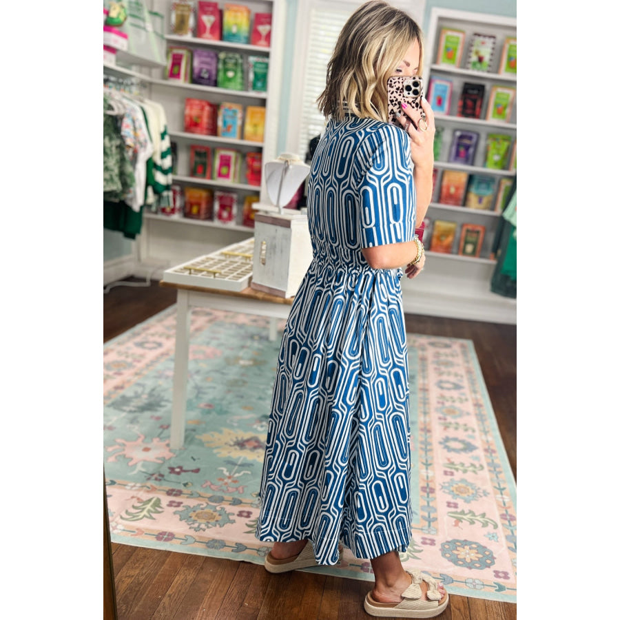 Blue Geometric Print Short Sleeve Drawstring Shirt Collar Dress Dresses/Maxi Dresses