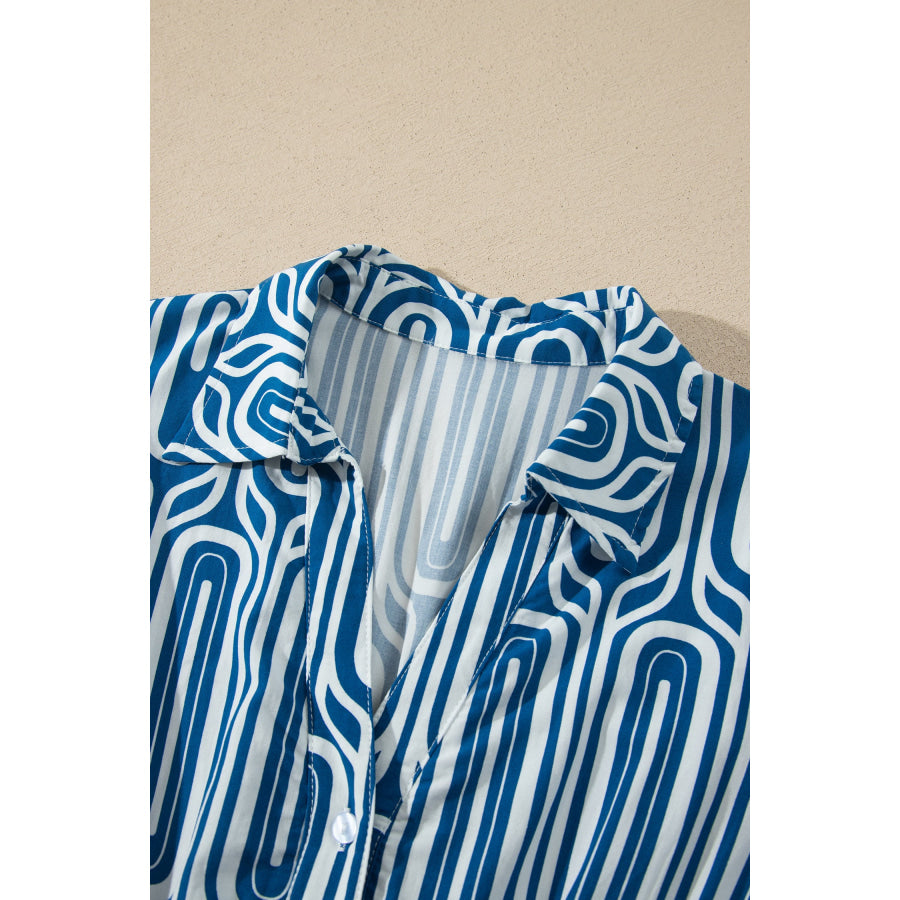 Blue Geometric Print Short Sleeve Drawstring Shirt Collar Dress Dresses/Maxi Dresses