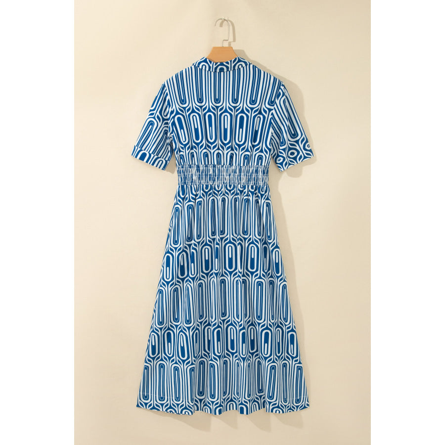 Blue Geometric Print Short Sleeve Drawstring Shirt Collar Dress Dresses/Maxi Dresses