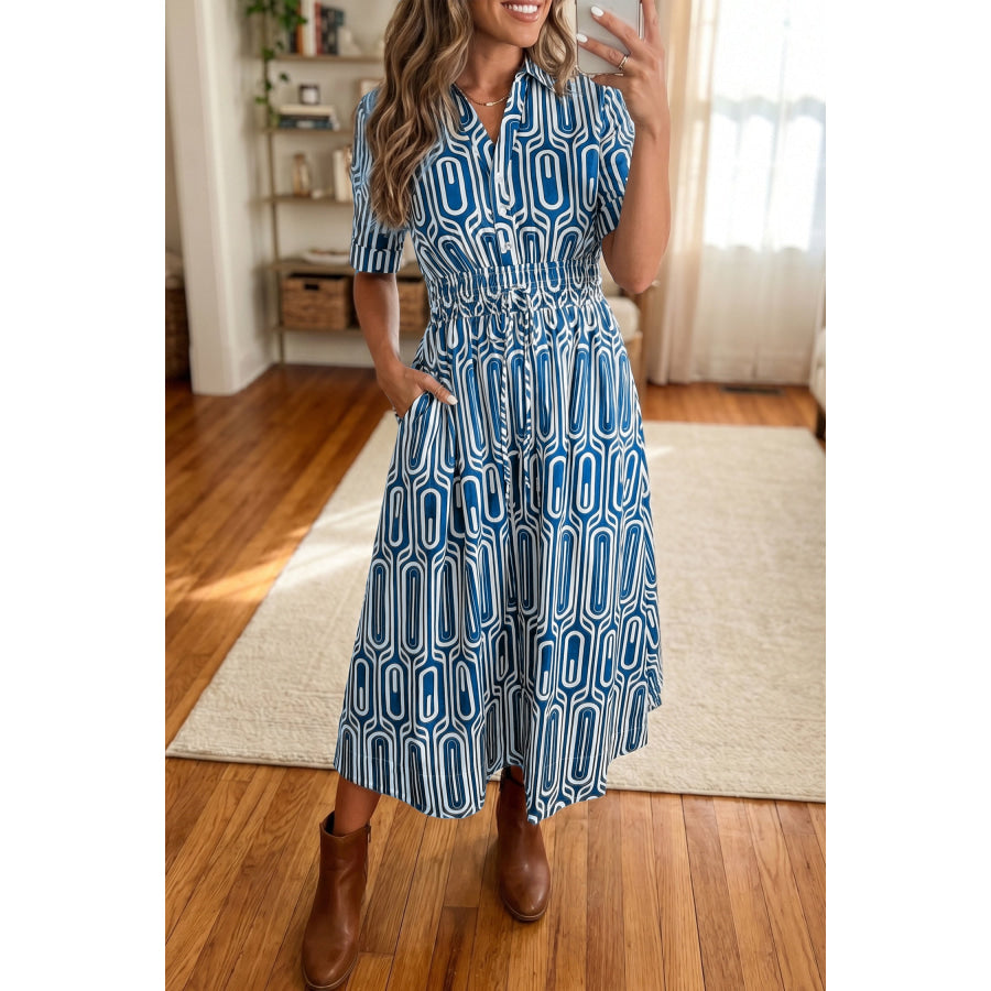 Blue Geometric Print Short Sleeve Drawstring Shirt Collar Dress Blue / S / 55% Cotton + 45% Viscose Dresses/Maxi Dresses