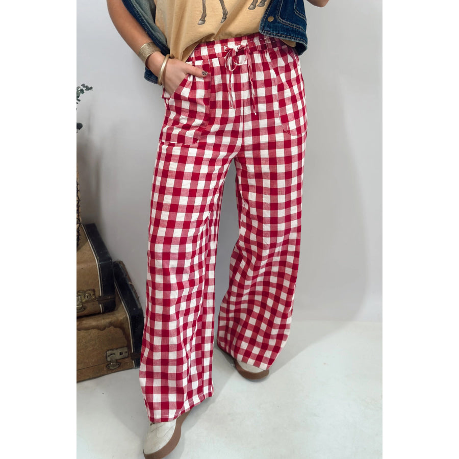Blue Gingham Plaid Tie Elastic Waist Shift Pants Bottoms/Pants & Culotte
