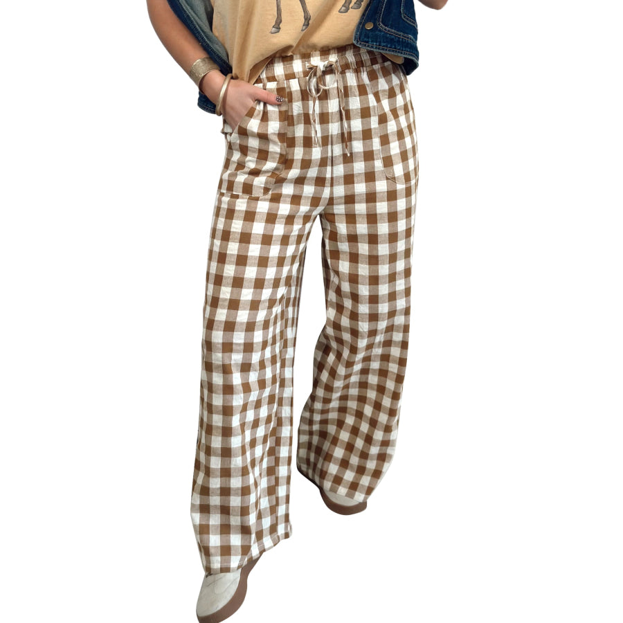 Blue Gingham Plaid Tie Elastic Waist Shift Pants Bottoms/Pants & Culotte
