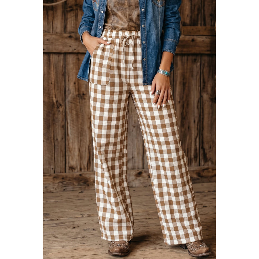 Blue Gingham Plaid Tie Elastic Waist Shift Pants Bottoms/Pants & Culotte