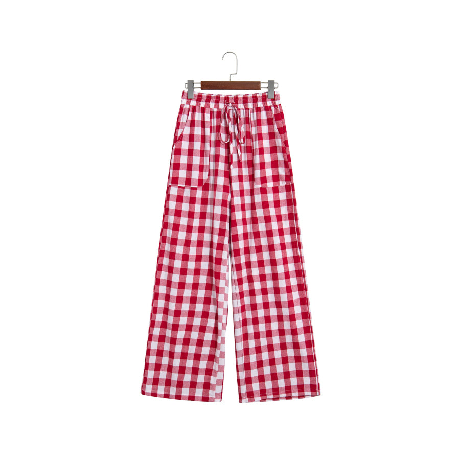Blue Gingham Plaid Tie Elastic Waist Shift Pants Bottoms/Pants & Culotte
