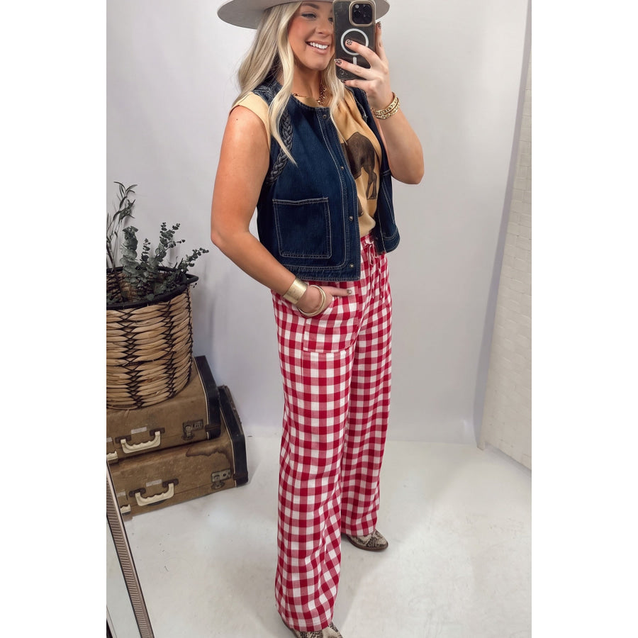 Blue Gingham Plaid Tie Elastic Waist Shift Pants Bottoms/Pants & Culotte