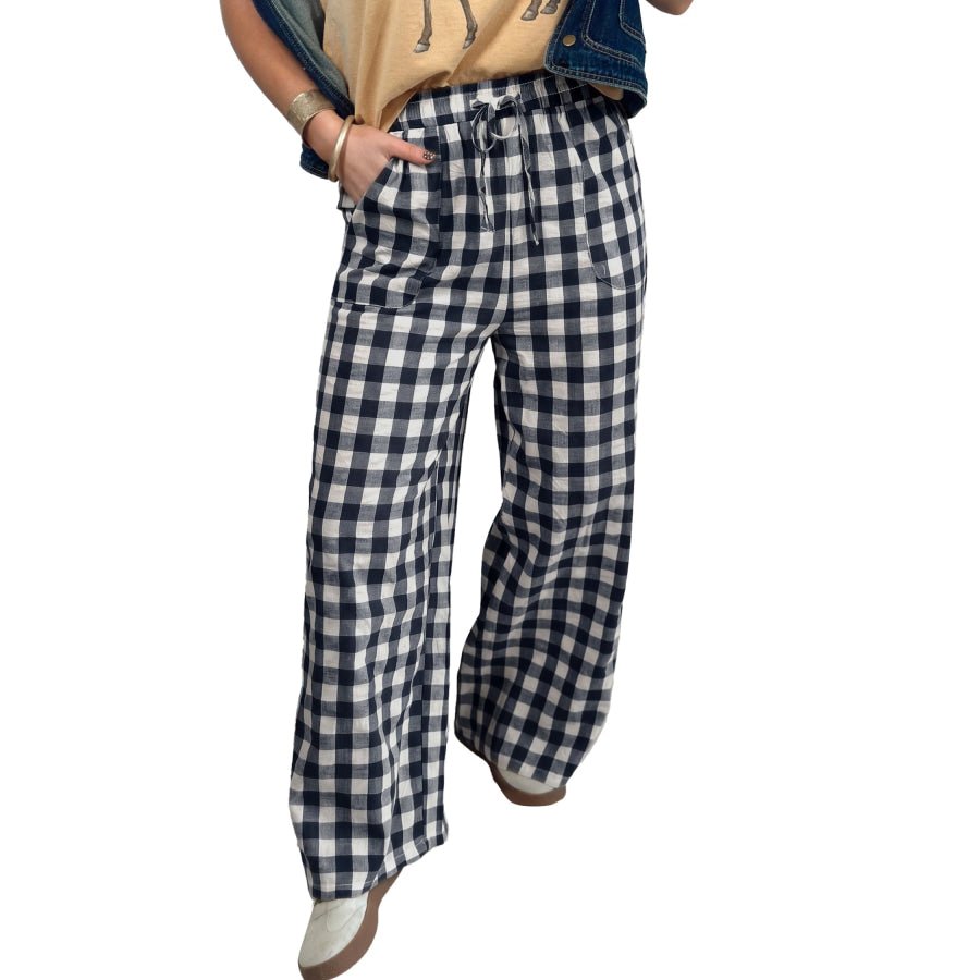 Blue Gingham Plaid Tie Elastic Waist Shift Pants Bottoms/Pants & Culotte