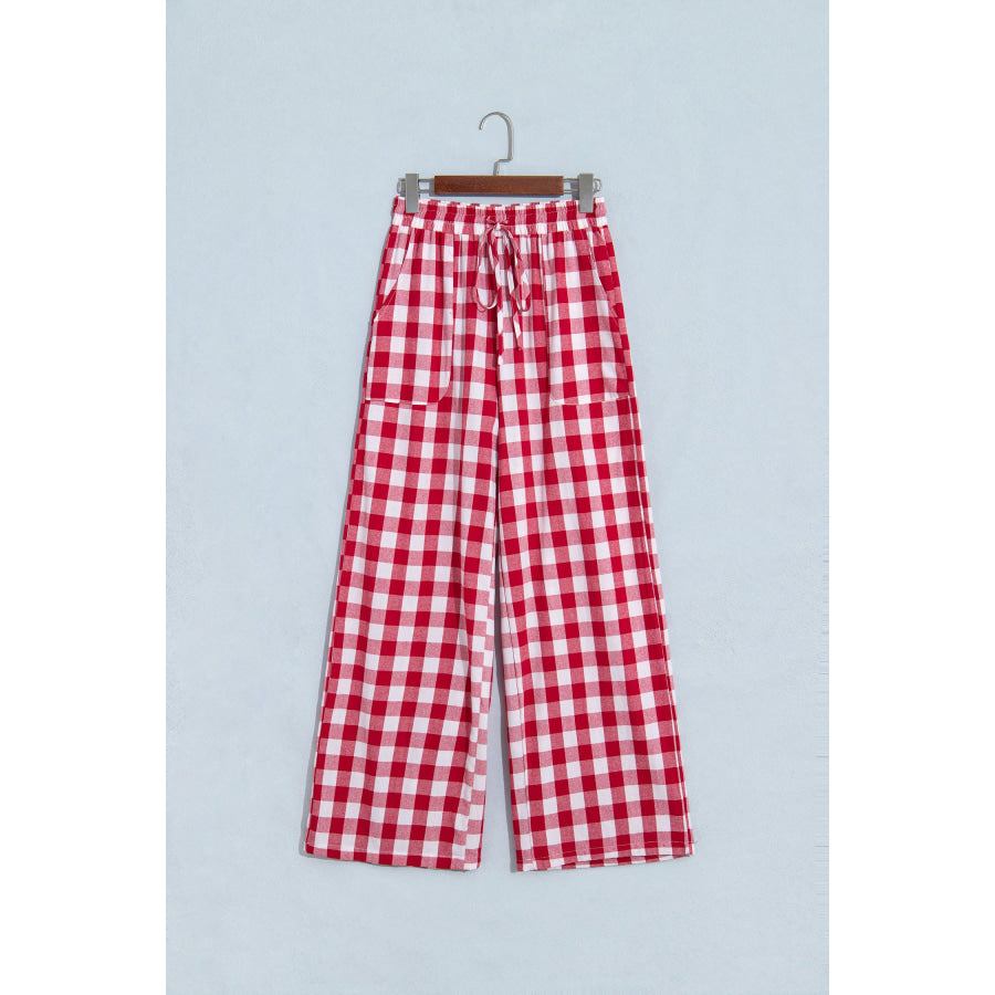 Blue Gingham Plaid Tie Elastic Waist Shift Pants Bottoms/Pants & Culotte