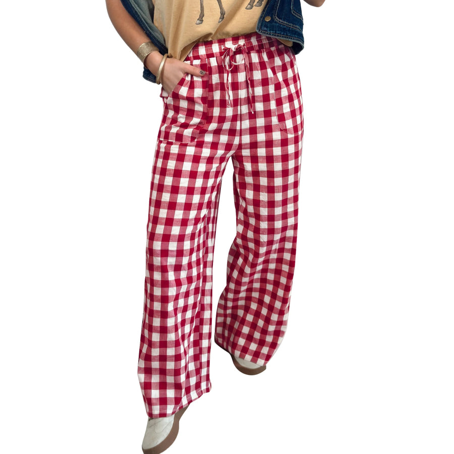 Blue Gingham Plaid Tie Elastic Waist Shift Pants Bottoms/Pants & Culotte