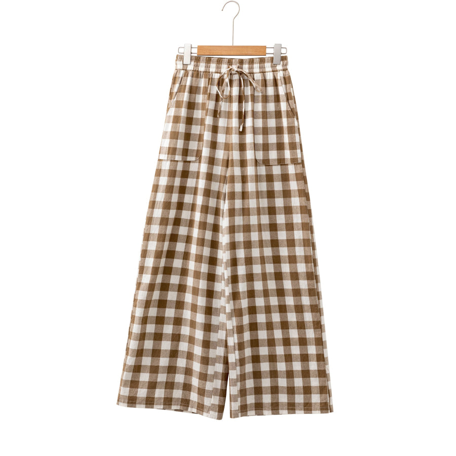 Blue Gingham Plaid Tie Elastic Waist Shift Pants Bottoms/Pants & Culotte
