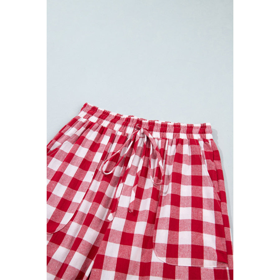 Blue Gingham Plaid Tie Elastic Waist Shift Pants Bottoms/Pants & Culotte