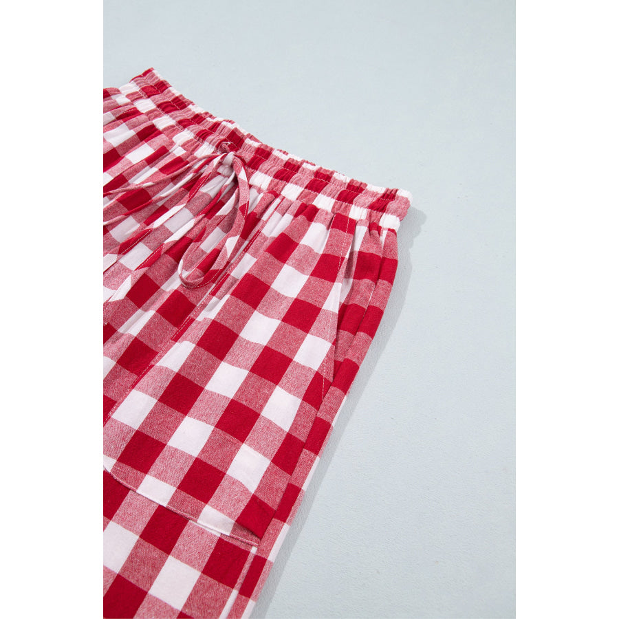 Blue Gingham Plaid Tie Elastic Waist Shift Pants Bottoms/Pants & Culotte