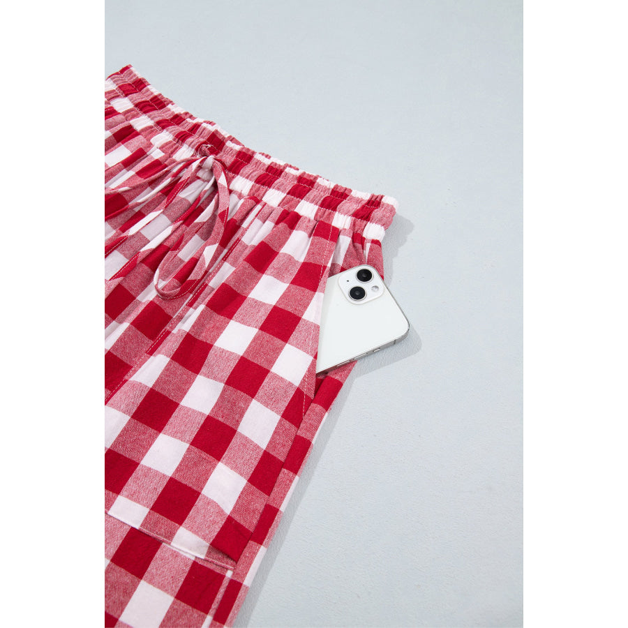 Blue Gingham Plaid Tie Elastic Waist Shift Pants Bottoms/Pants & Culotte