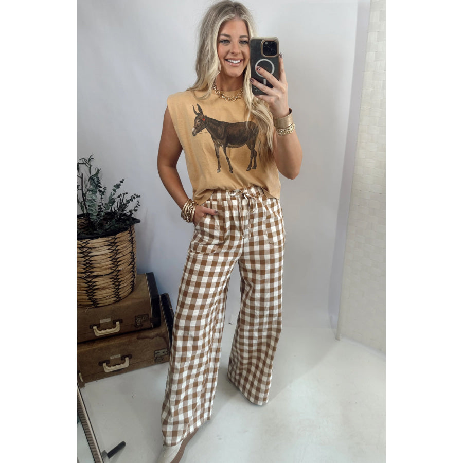 Blue Gingham Plaid Tie Elastic Waist Shift Pants Bottoms/Pants & Culotte