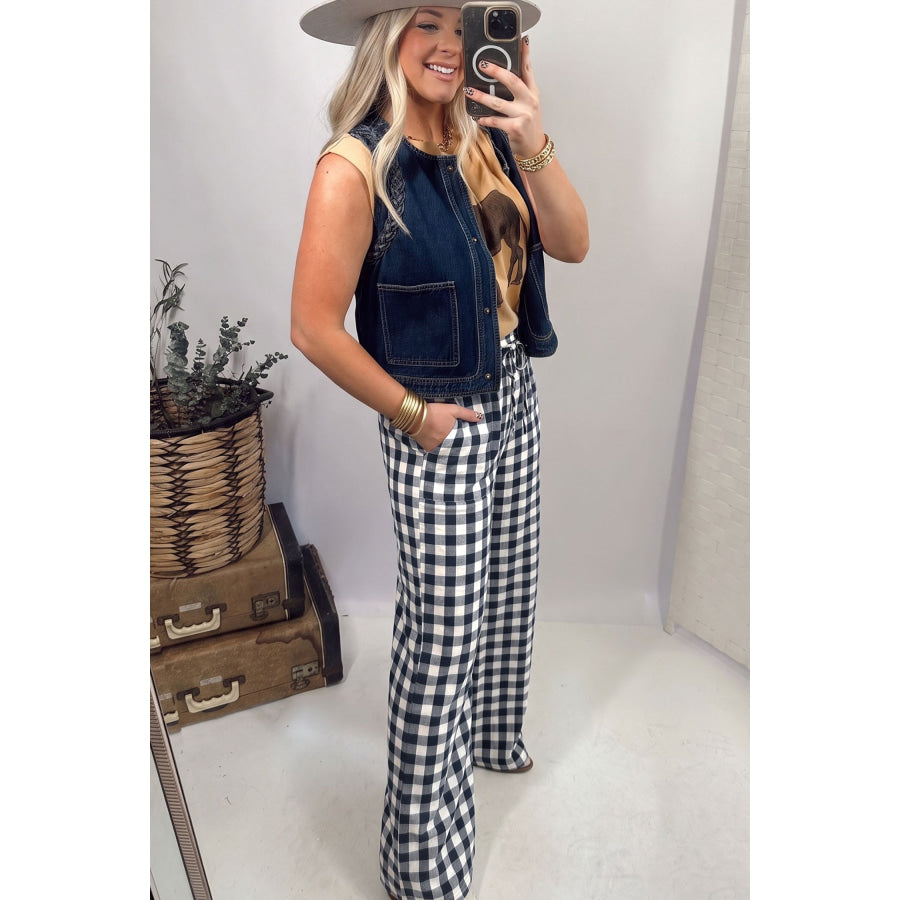 Blue Gingham Plaid Tie Elastic Waist Shift Pants Bottoms/Pants & Culotte