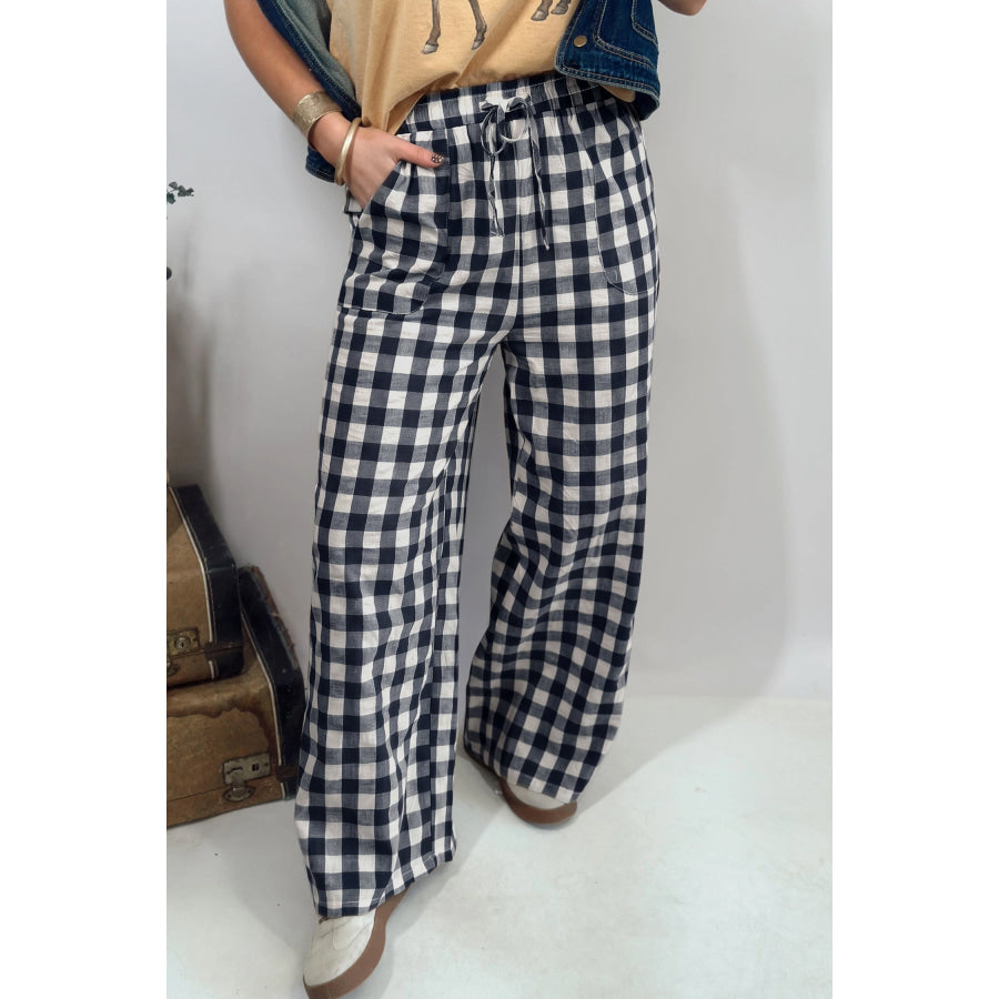 Blue Gingham Plaid Tie Elastic Waist Shift Pants / S / 100% Cotton Bottoms/Pants & Culotte