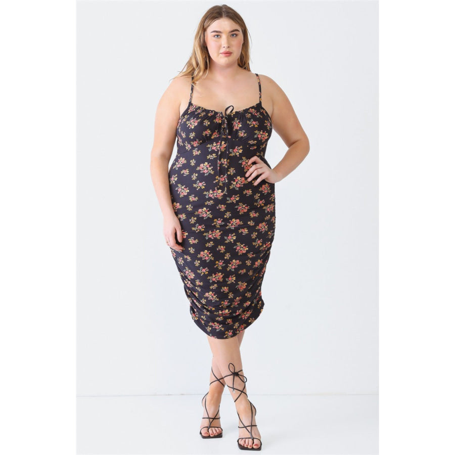 Blue Leopard Plus Size Ruched Floral Square Neck Cami Dress Black / 1XL Apparel and Accessories