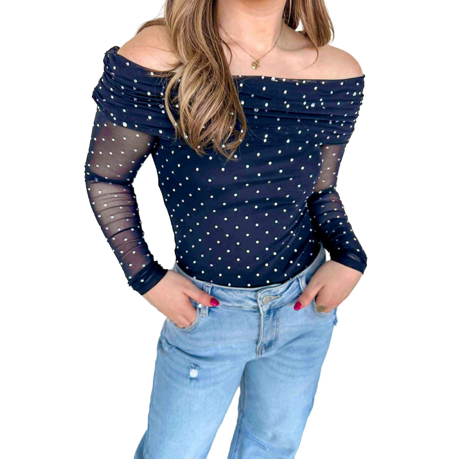 Blue Off Shoulder Polka Dot Mesh Long Sleeve Sheath Top Tops/Long Sleeve Tops