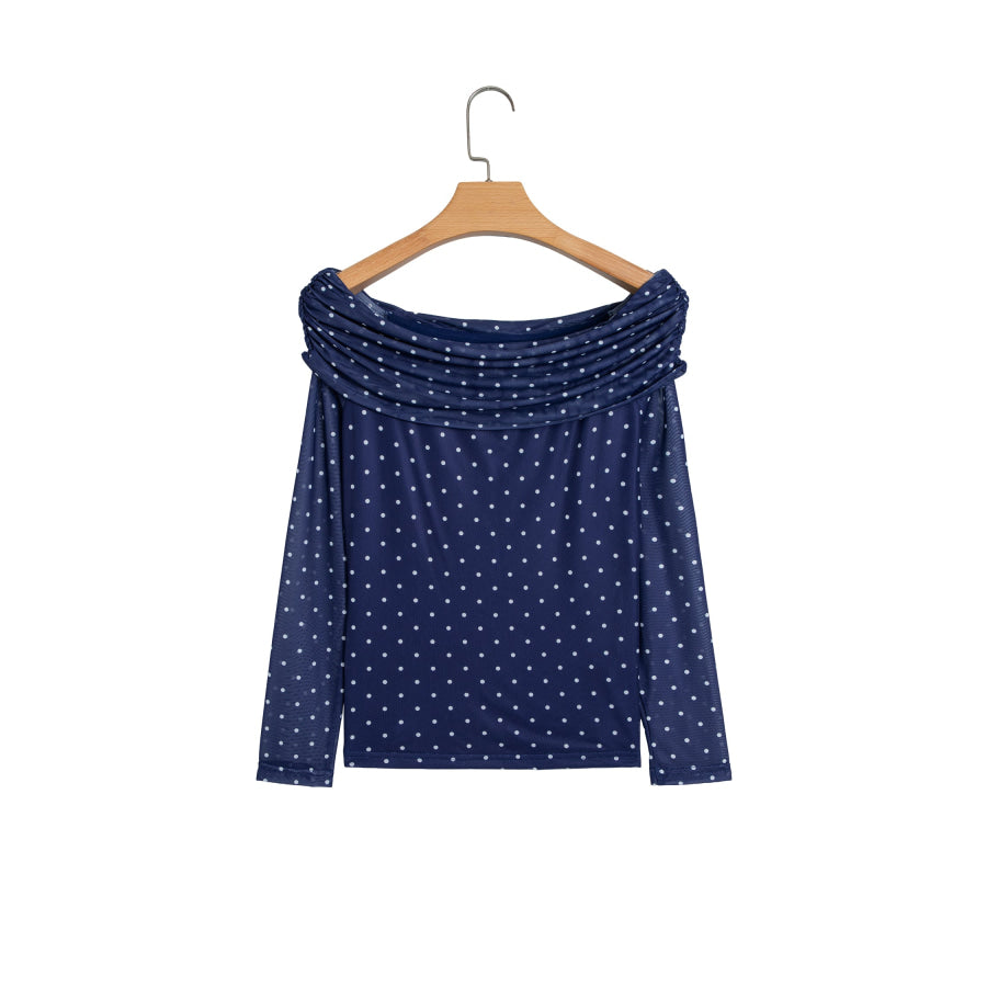 Blue Off Shoulder Polka Dot Mesh Long Sleeve Sheath Top Tops/Long Sleeve Tops