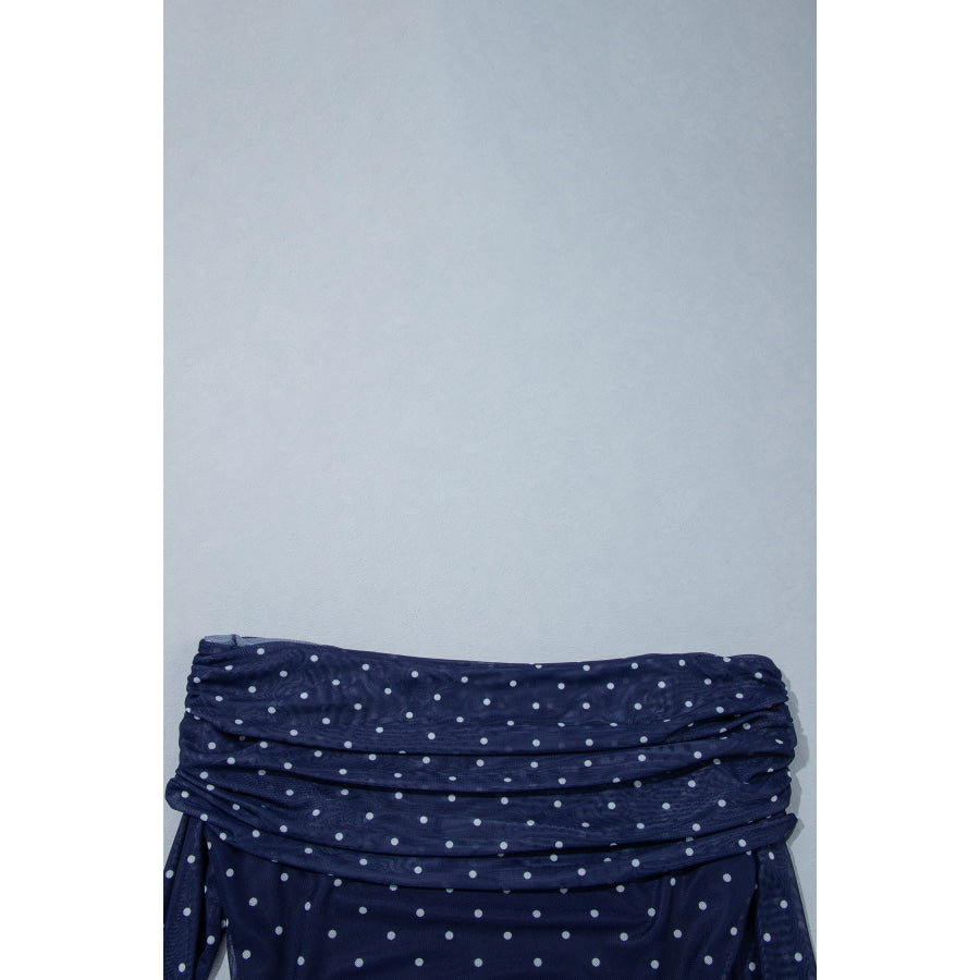Blue Off Shoulder Polka Dot Mesh Long Sleeve Sheath Top Tops/Long Sleeve Tops