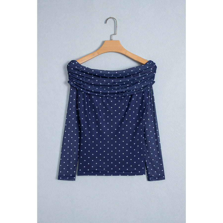 Blue Off Shoulder Polka Dot Mesh Long Sleeve Sheath Top Tops/Long Sleeve Tops
