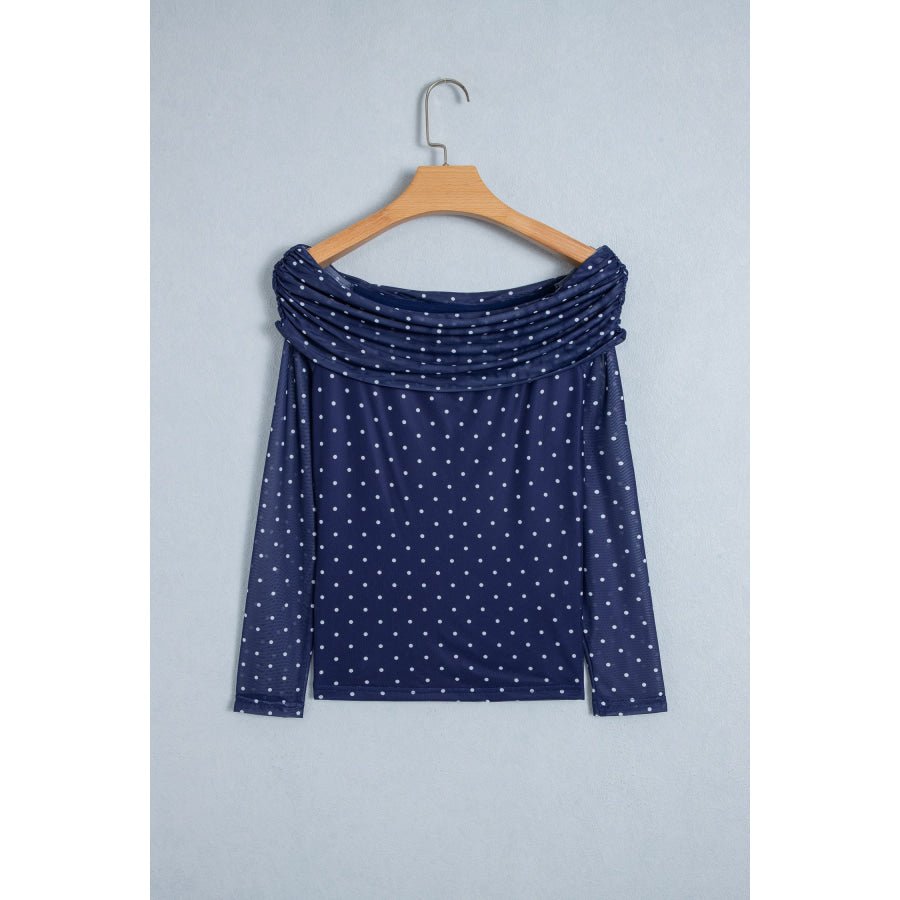Blue Off Shoulder Polka Dot Mesh Long Sleeve Sheath Top Tops/Long Sleeve Tops