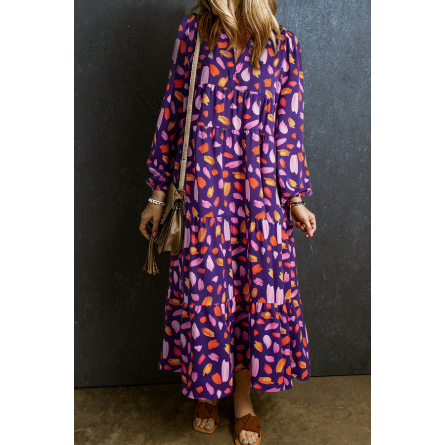Blue Petal Collared Tiered Flowy Long Dress Blue / S / 100% Polyester Dresses/Maxi Dresses