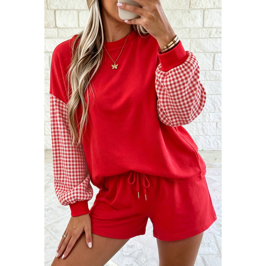 Blue Plaid Patchwork Long Sleeve Top Solid Drawstring Shorts Set Red / S / 65% Polyester + 35% Cotton Two Piece Sets/Short Sets