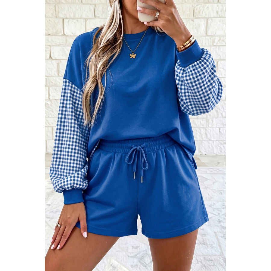 Blue Plaid Patchwork Long Sleeve Top Solid Drawstring Shorts Set Blue / S / 65% Polyester + 35% Cotton Two Piece Sets/Short Sets