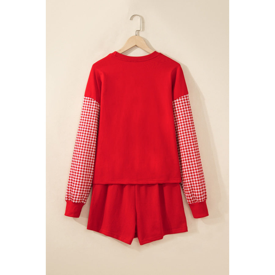 Blue Plaid Patchwork Long Sleeve Top Solid Drawstring Shorts Set Two Piece Sets/Short Sets