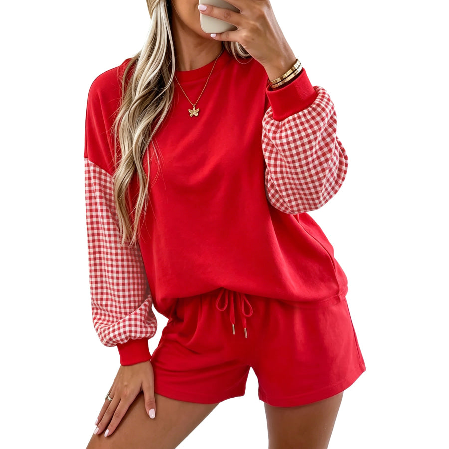 Blue Plaid Patchwork Long Sleeve Top Solid Drawstring Shorts Set Two Piece Sets/Short Sets
